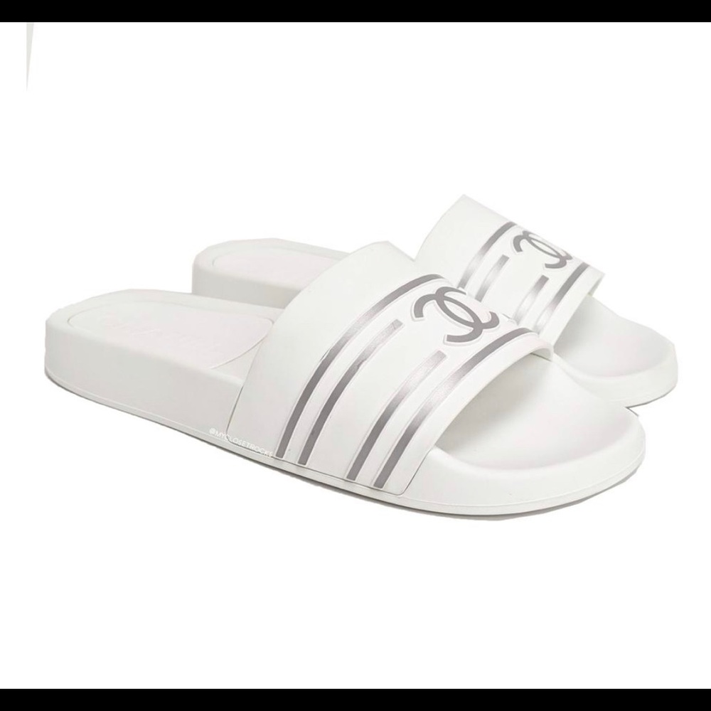 Chanel White 19c Grey Pvc Rubber Cc Logo Slides Pool Sandals